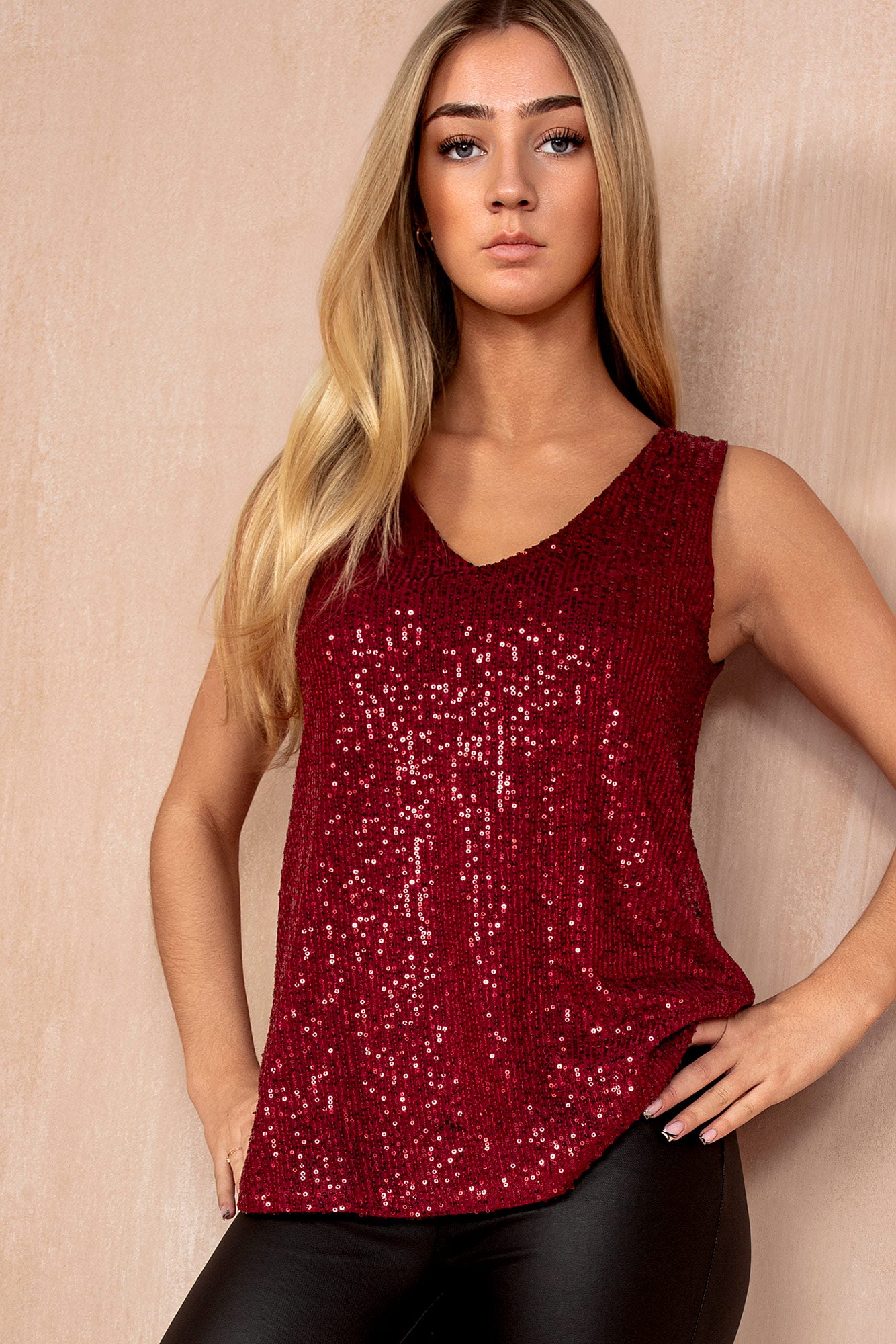 Mary Wine Sequin Sleeveless Top